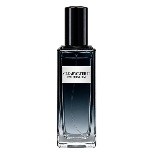Phat Bath & Body Clearwater II Men’s Eau de Parfum in a tall clear glass perfume bottle with black cap, warm tan label, and cool blue-gray fragrance, shown as the main product image.