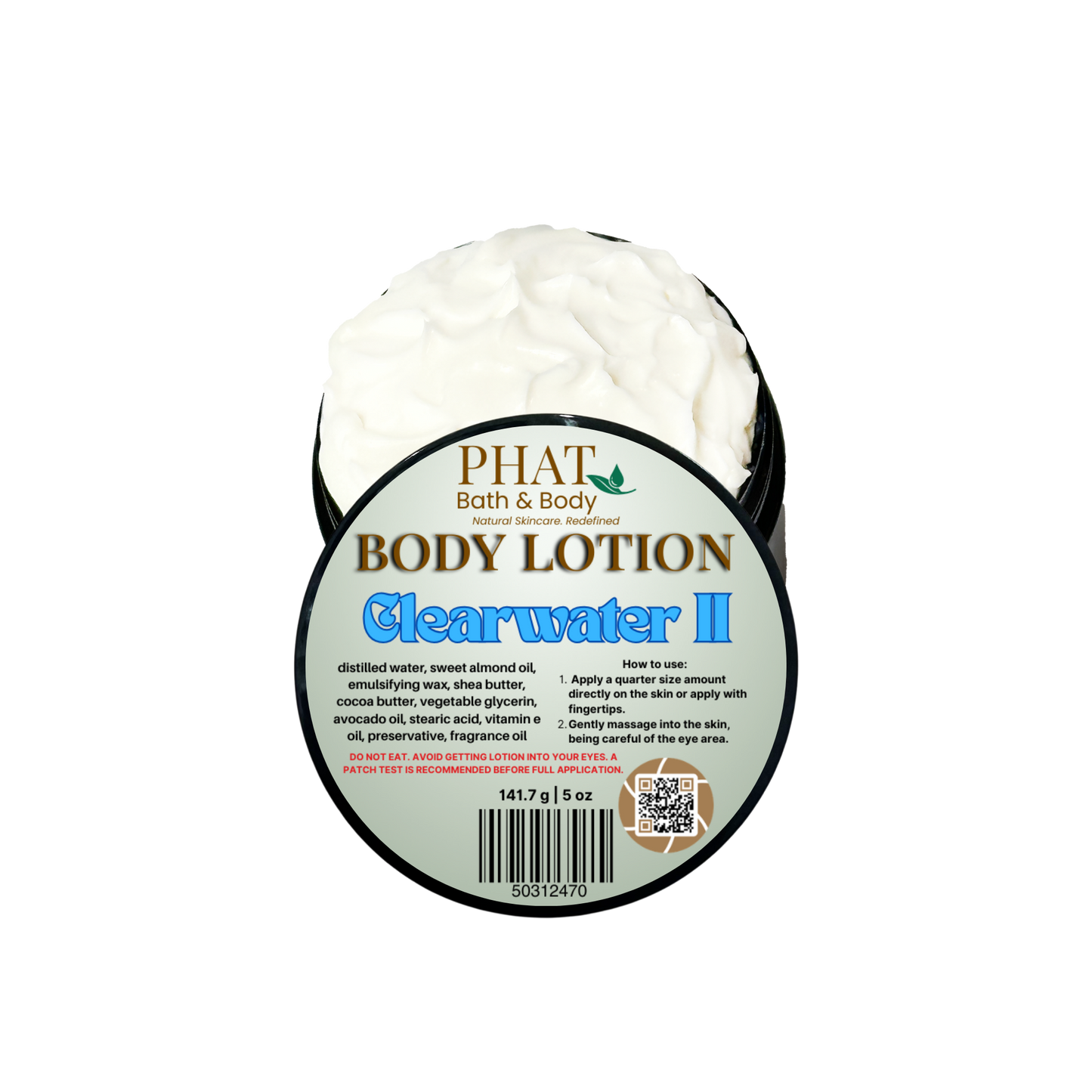 Body lotion container labeled 'Clearwater II' by Phat Bath & Body on a white background
