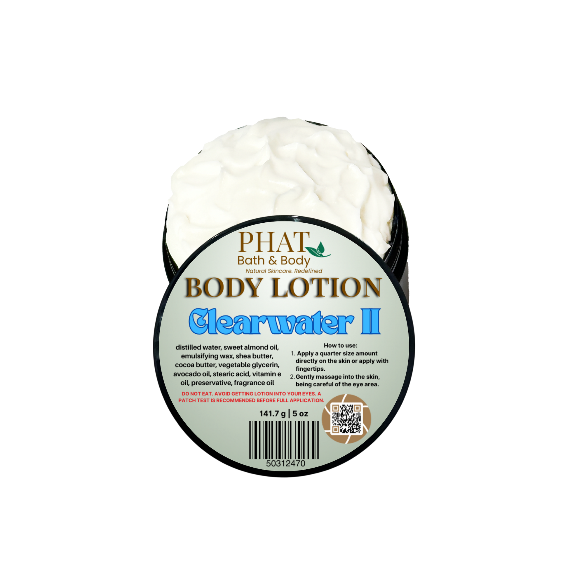 Body lotion container labeled 'Clearwater II' by Phat Bath & Body on a white background