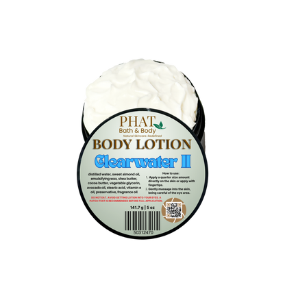 Body lotion container labeled 'Clearwater II' by Phat Bath & Body on a white background