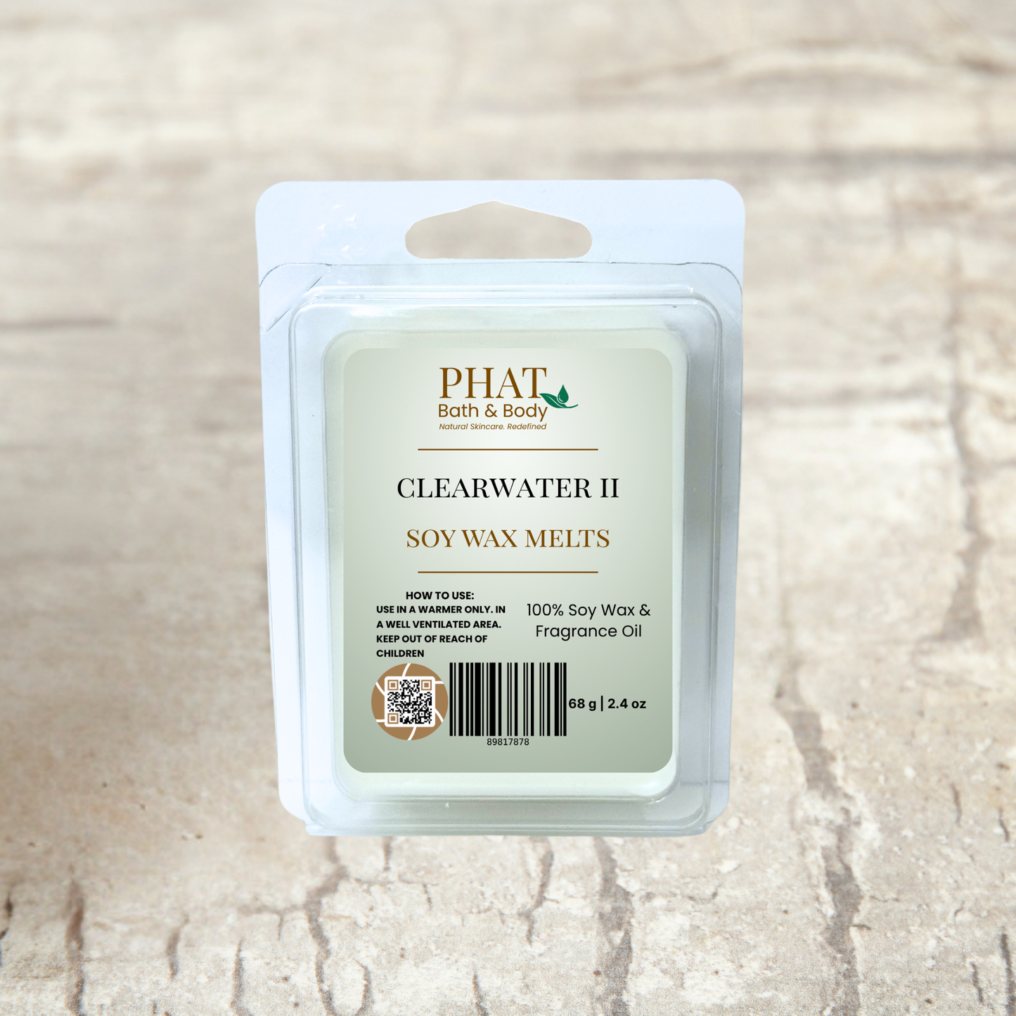 Pack of Phat Bath & Body Clearwater II soy wax melts on a textured beige surface