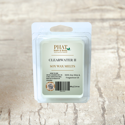 Pack of Phat Bath & Body Clearwater II soy wax melts on a textured beige surface