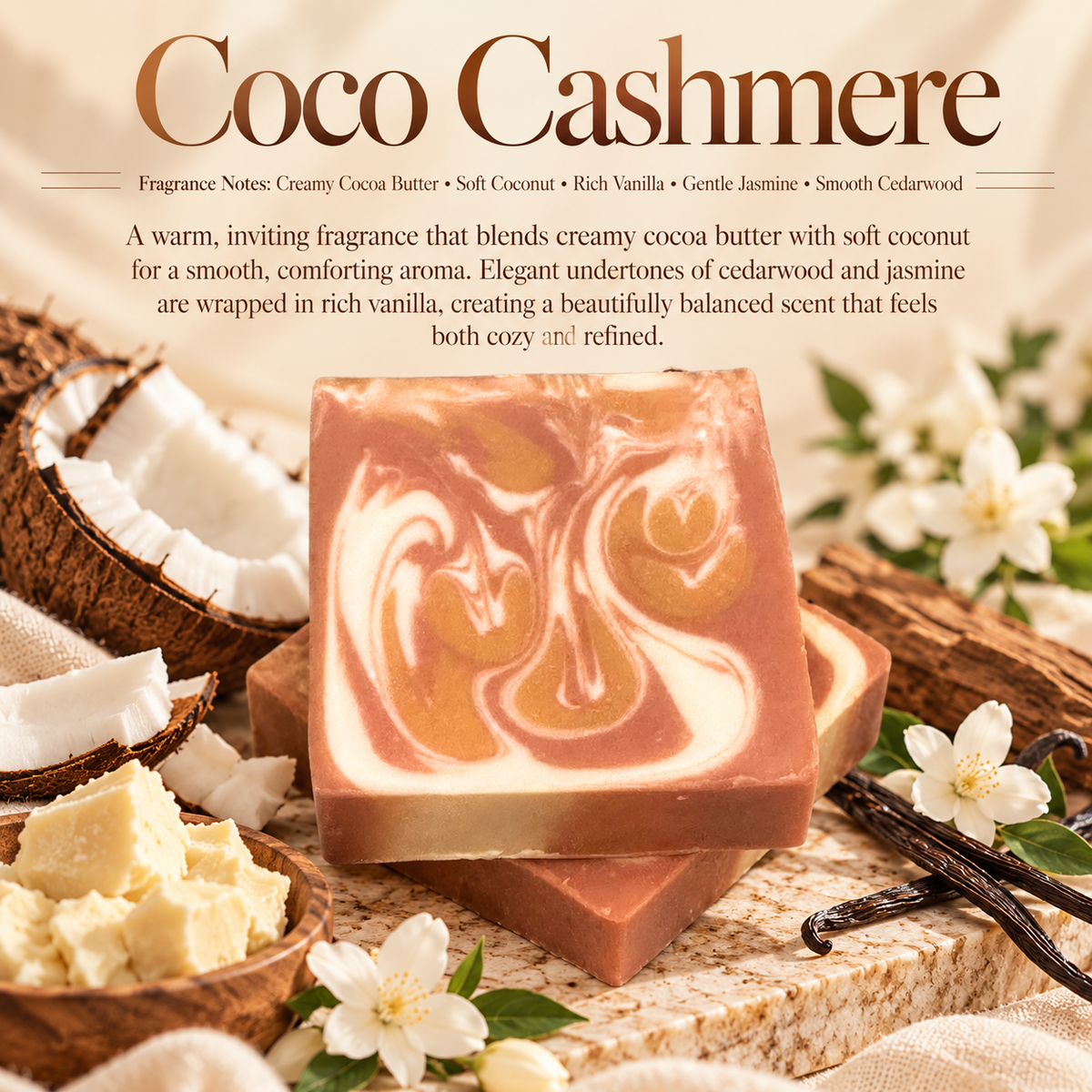 Coco Cashmere handmade clay soap by Phat Bath & Body displayed with fresh coconut, cocoa butter, vanilla pods, white jasmine blossoms, and cedarwood, highlighting its warm, creamy fragrance.