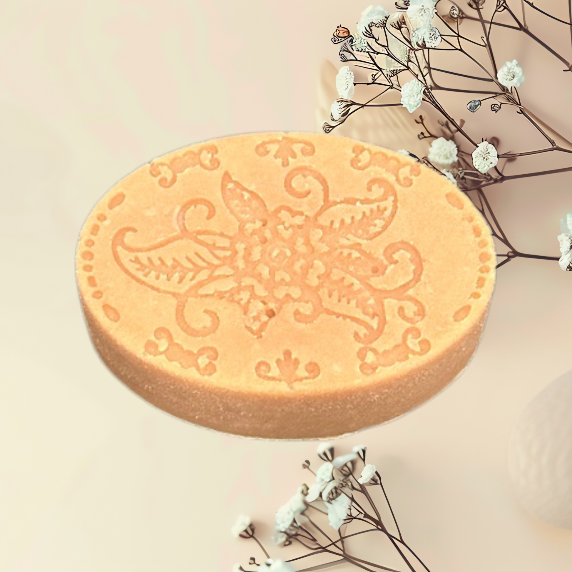 Decorative soap with butterfly design on a light background with flowers