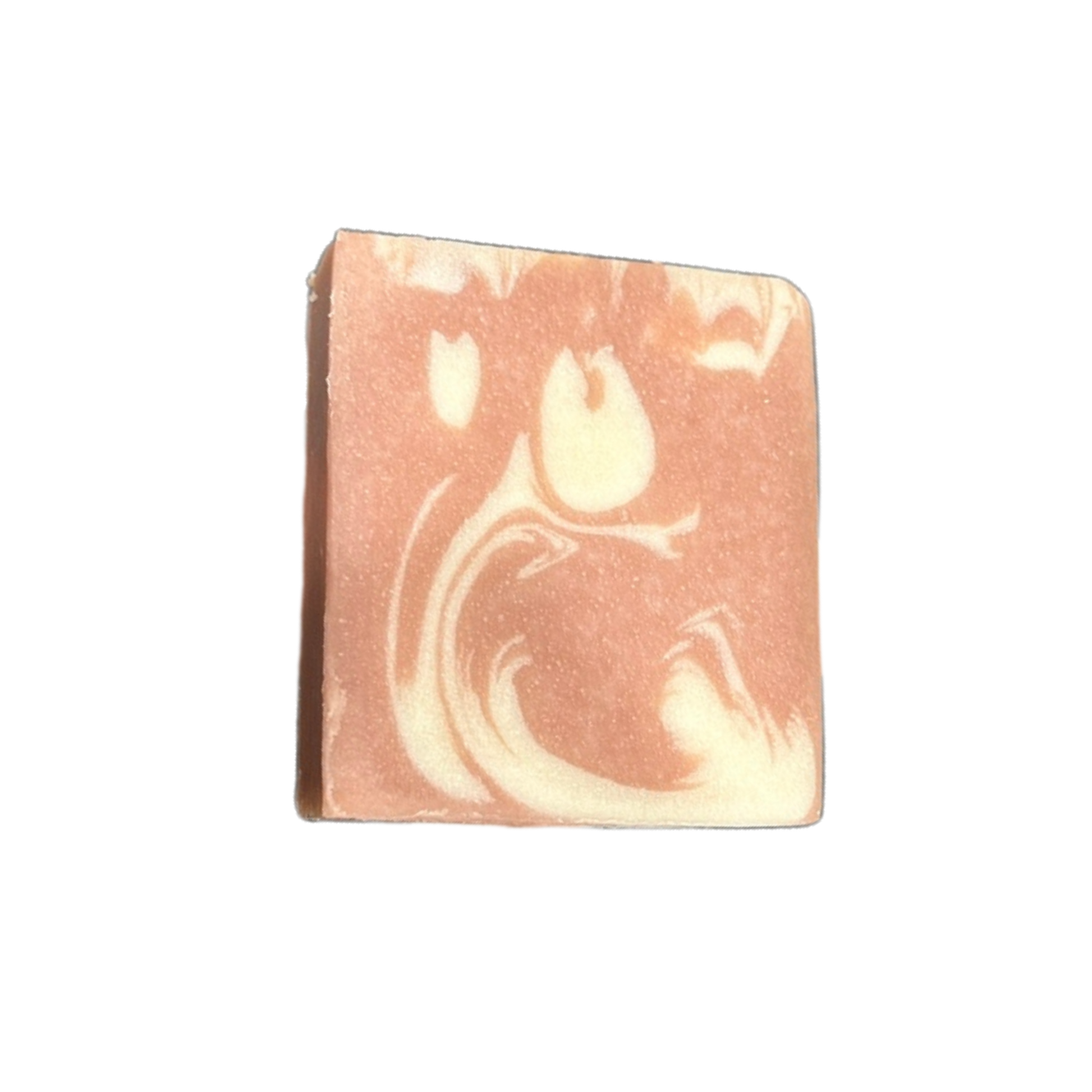 Marbled soap bar with brown and white swirls on a white background