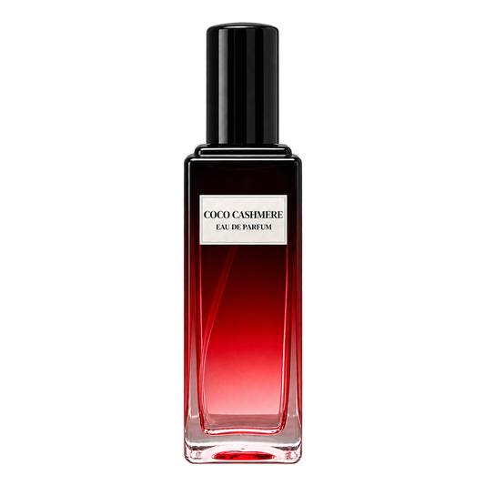 Phat Bath & Body Coco Cashmere Eau de Parfum in a tall clear glass perfume bottle with black cap, warm tan label, and deep red-toned fragrance, shown as the main product image.