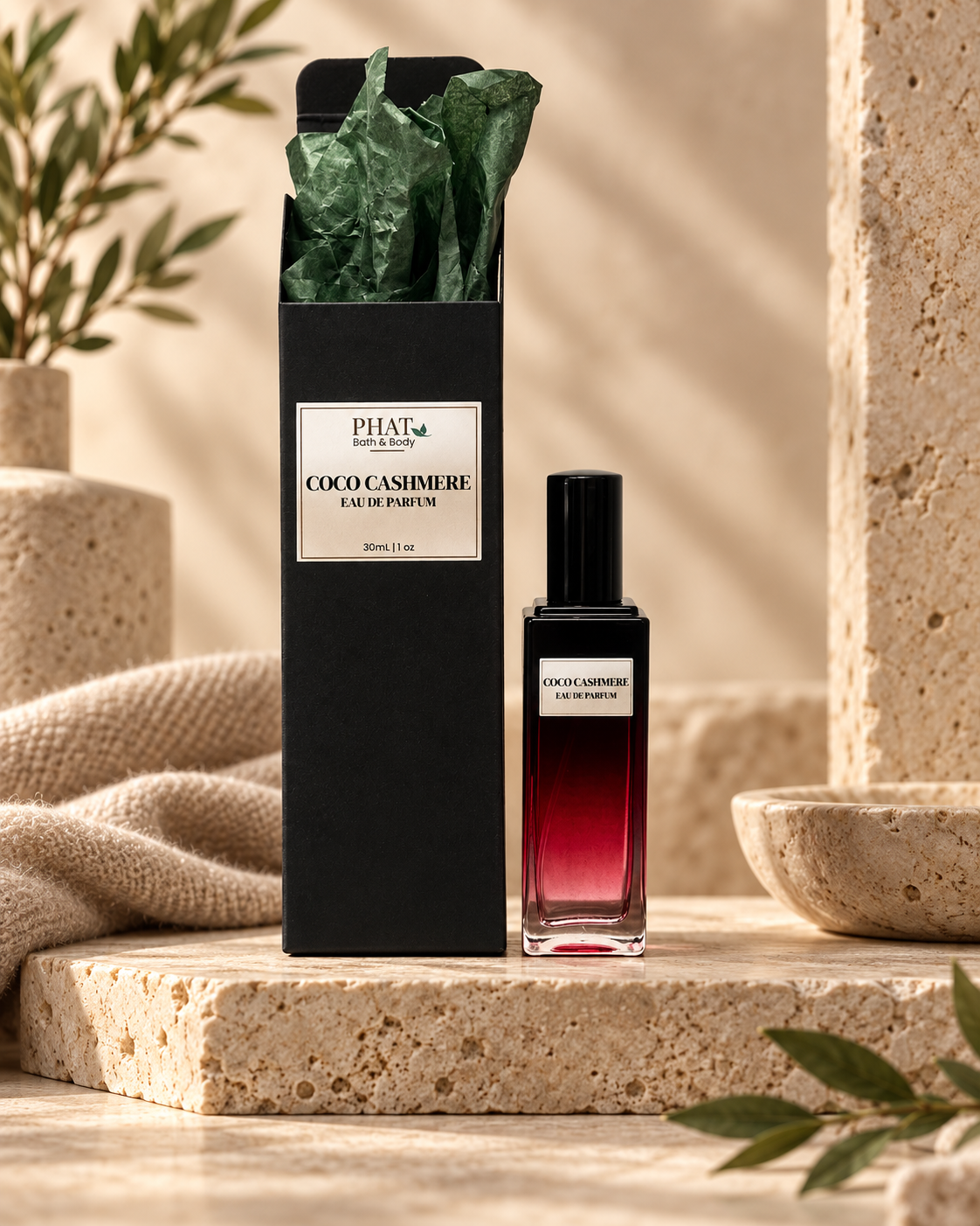Coco Cashmere unisex Eau de Parfum bottle with black gift box and green tissue in a warm luxury setting.