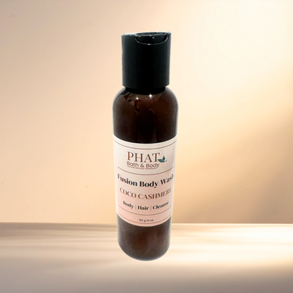 Body wash bottle with 'PHAT Bath & Body' label on a gradient background