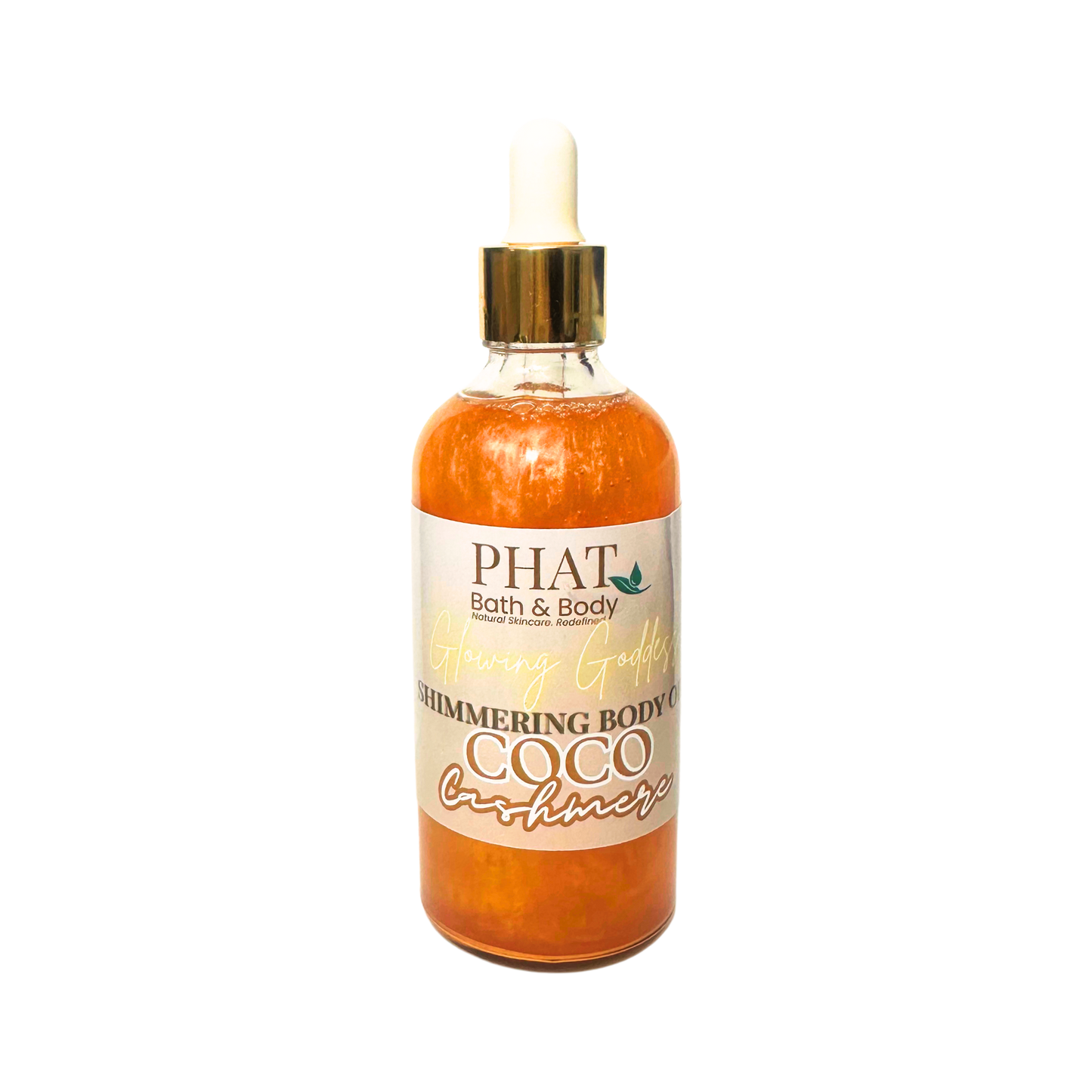 Bottle of 'Shimmering Body Oil' by Phat Bath & Body on a white background