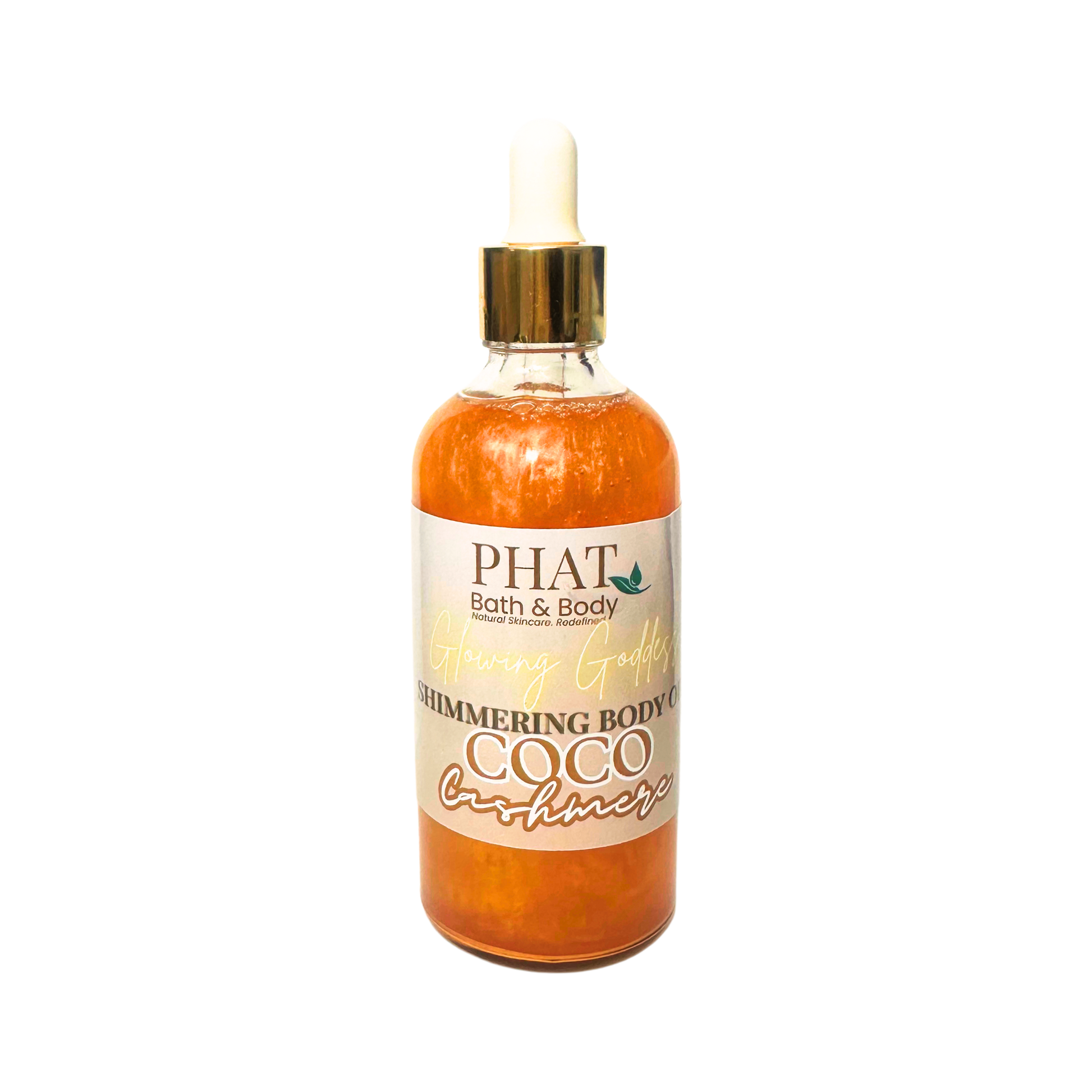 Bottle of 'Shimmering Body Oil' by Phat Bath & Body on a white background