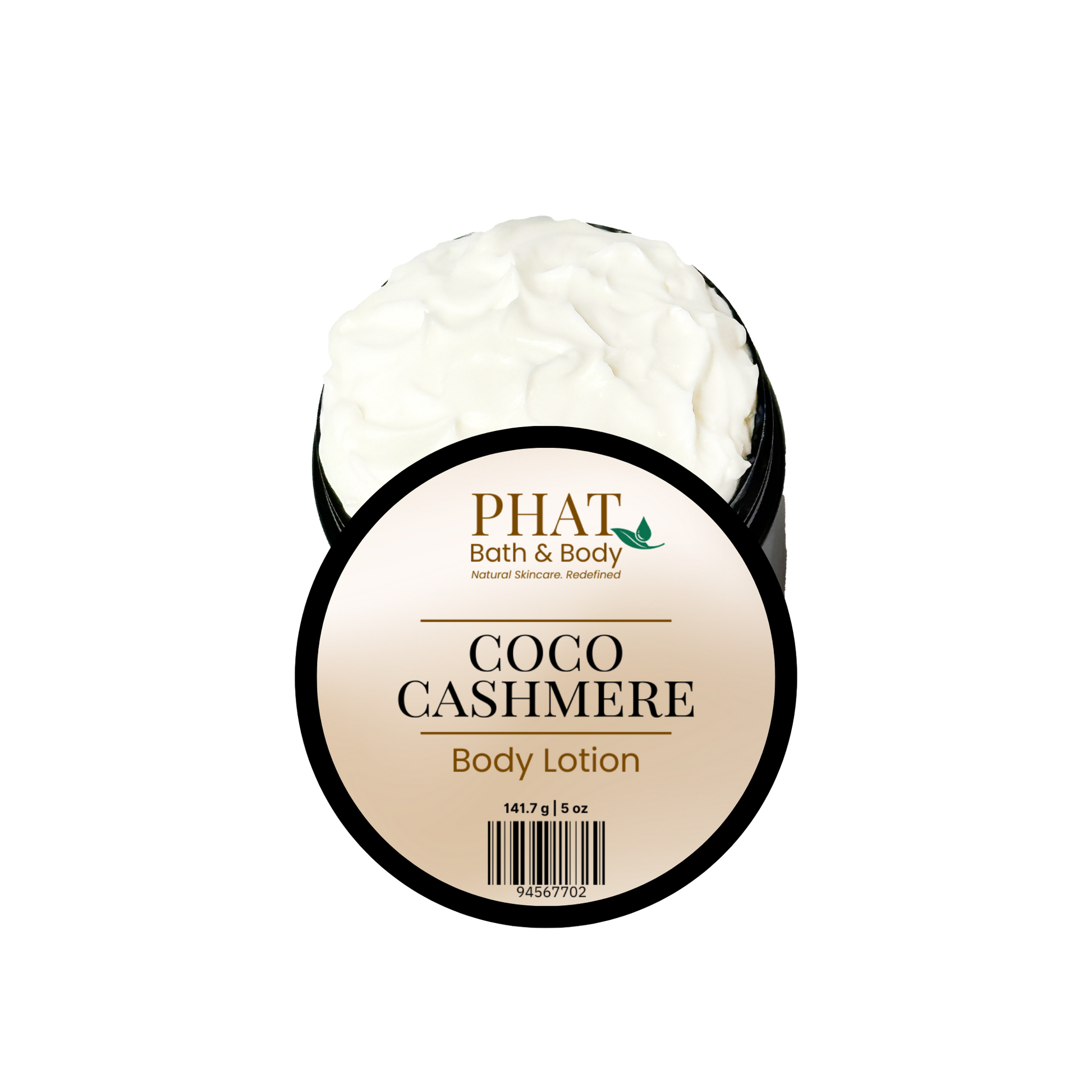 Body lotion container labeled 'Coco Cashmere' by Phat Bath & Body on a white background