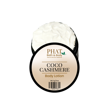 Body lotion container labeled 'Coco Cashmere' by Phat Bath & Body on a white background