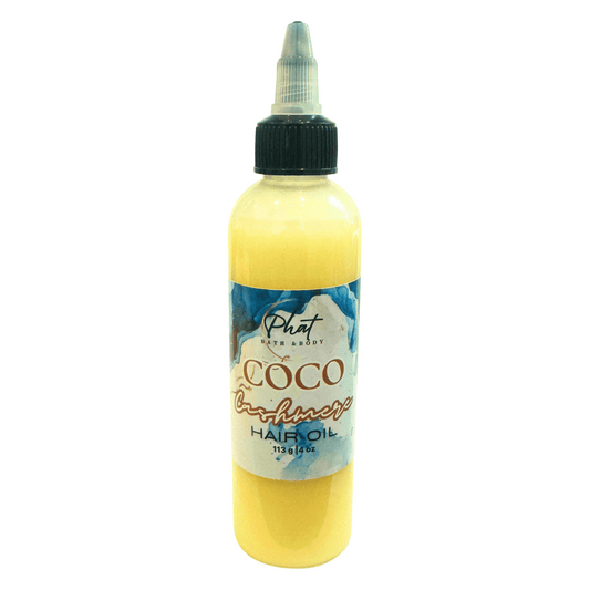 Bottle of Phat Bath & Body Coco Cashmere hair oil on a white background