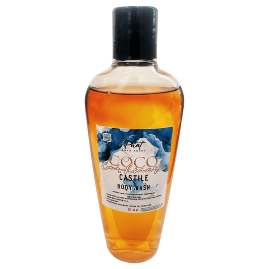 Bottle of Coco Castile body wash with a label on a white background