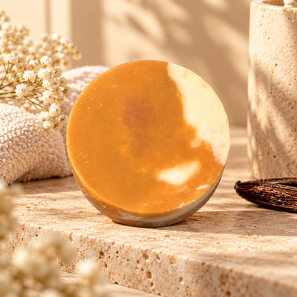 Round Coco Cashmere handmade soap featuring caramel brown and creamy ivory coloring, displayed on natural stone with soft towels, delicate dried white flowers, and warm neutral accents.