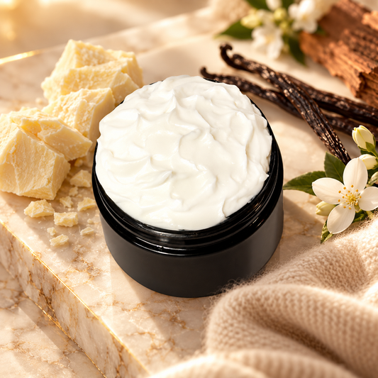Open jar of Phat Bath & Body Coco Cashmere Body Lotion displayed with cocoa butter, vanilla beans, white flowers, warm wood, marble, and soft cashmere-like fabric.