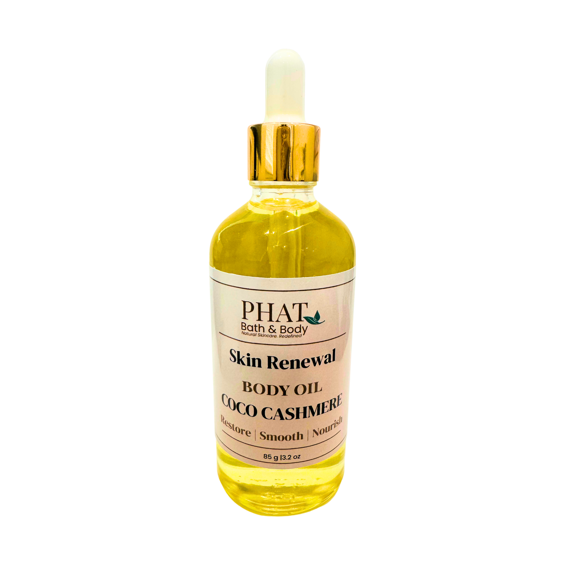Bottle of Phat Bath & Body Skin Renewal Body Oil with a gold dropper on a white background