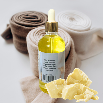 Bottle of oil with a dropper, surrounded by dried plant material on a neutral background