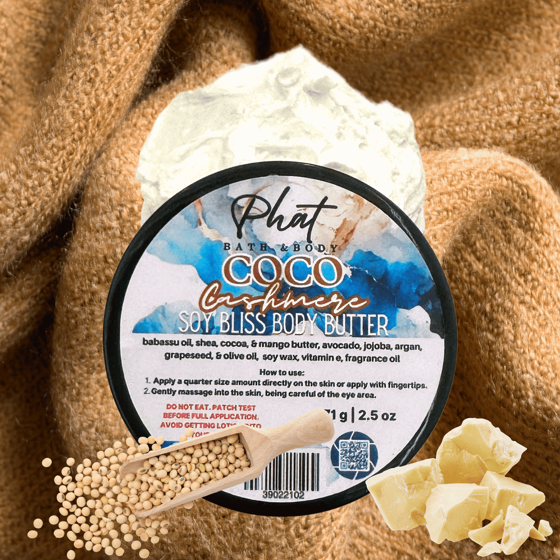 Coco Cashmere Soy Bliss Body Butter with Phat Bath & Body branding on a textured brown background