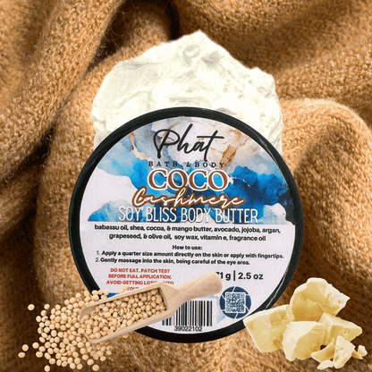 Coco Cashmere Soy Bliss Body Butter with Phat Bath & Body branding on a textured brown background