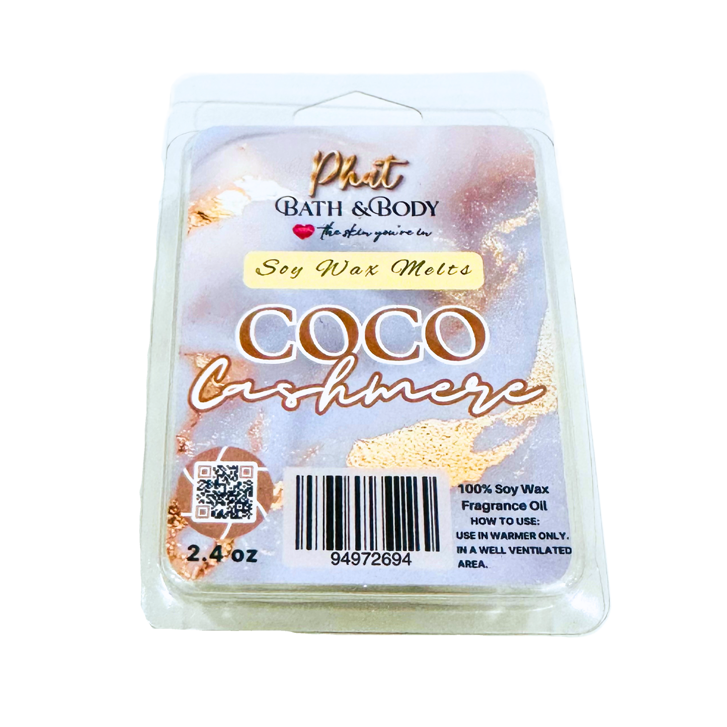 Phat Bath & Body Coco Cashmere soy wax melt packaging on a white background