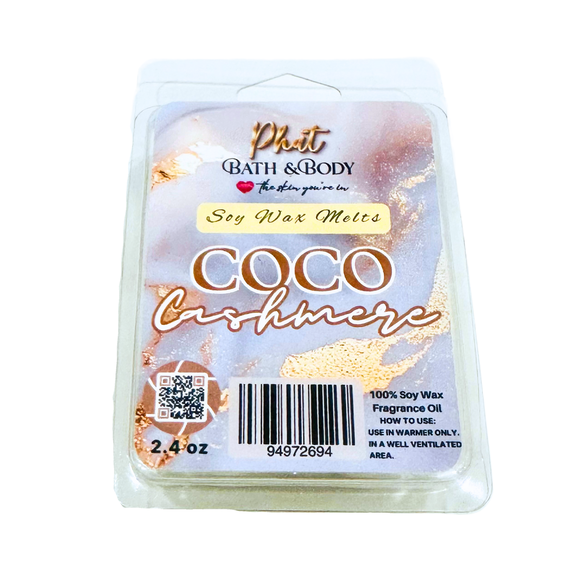 Phat Bath & Body Coco Cashmere soy wax melt packaging on a white background