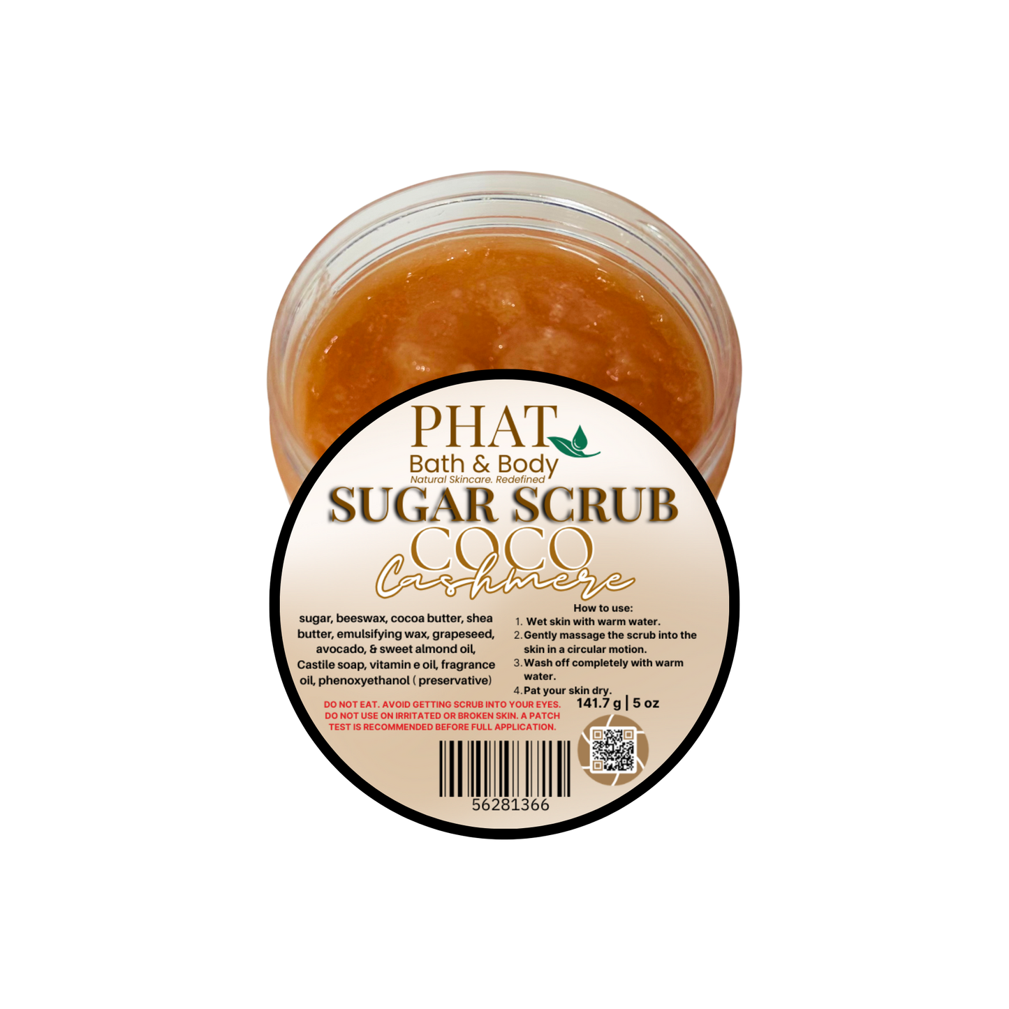 Jar of Phat Bath & Body Sugar Scrub Coco Cashmere on a white background