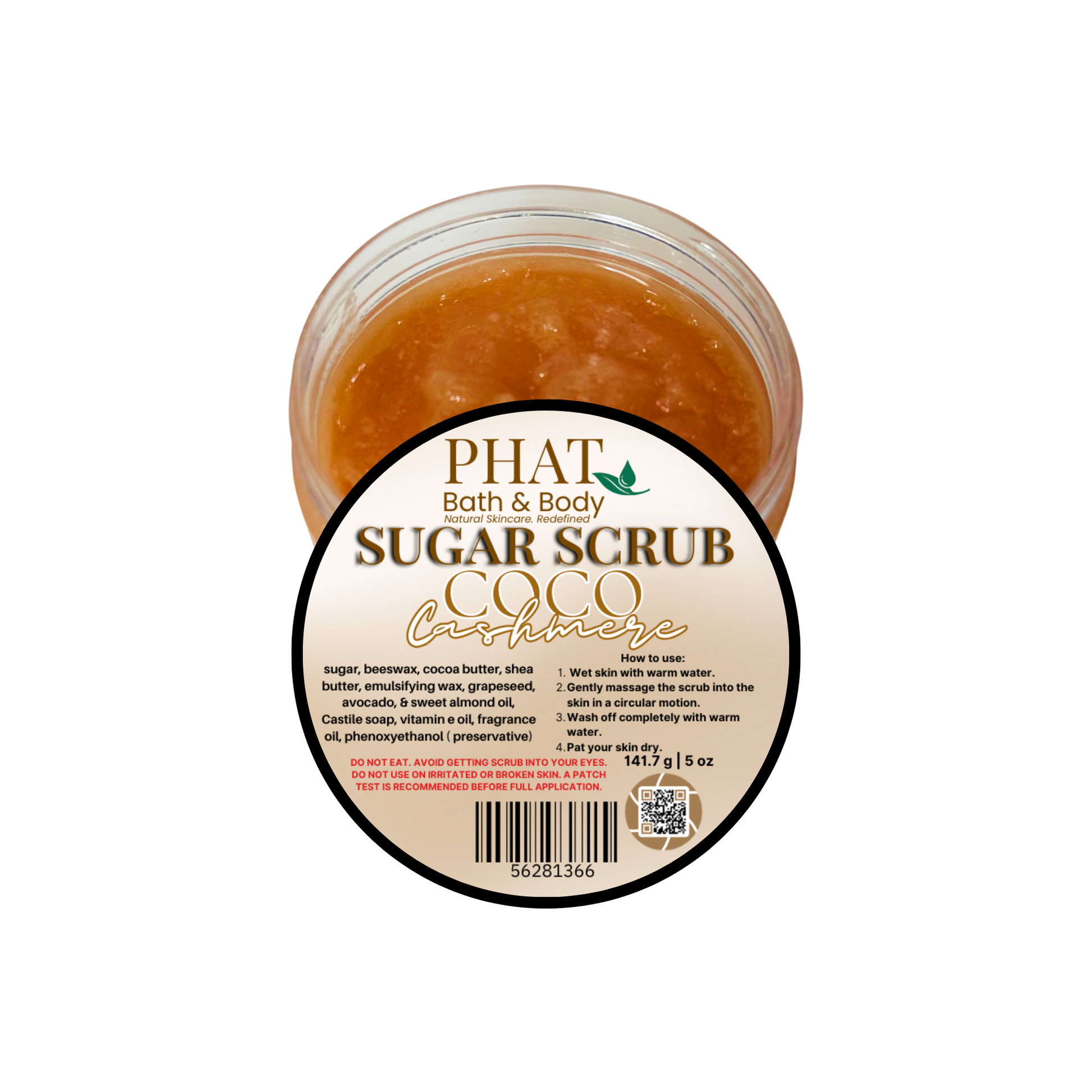 Jar of Phat Bath & Body Sugar Scrub Coco Cashmere on a white background