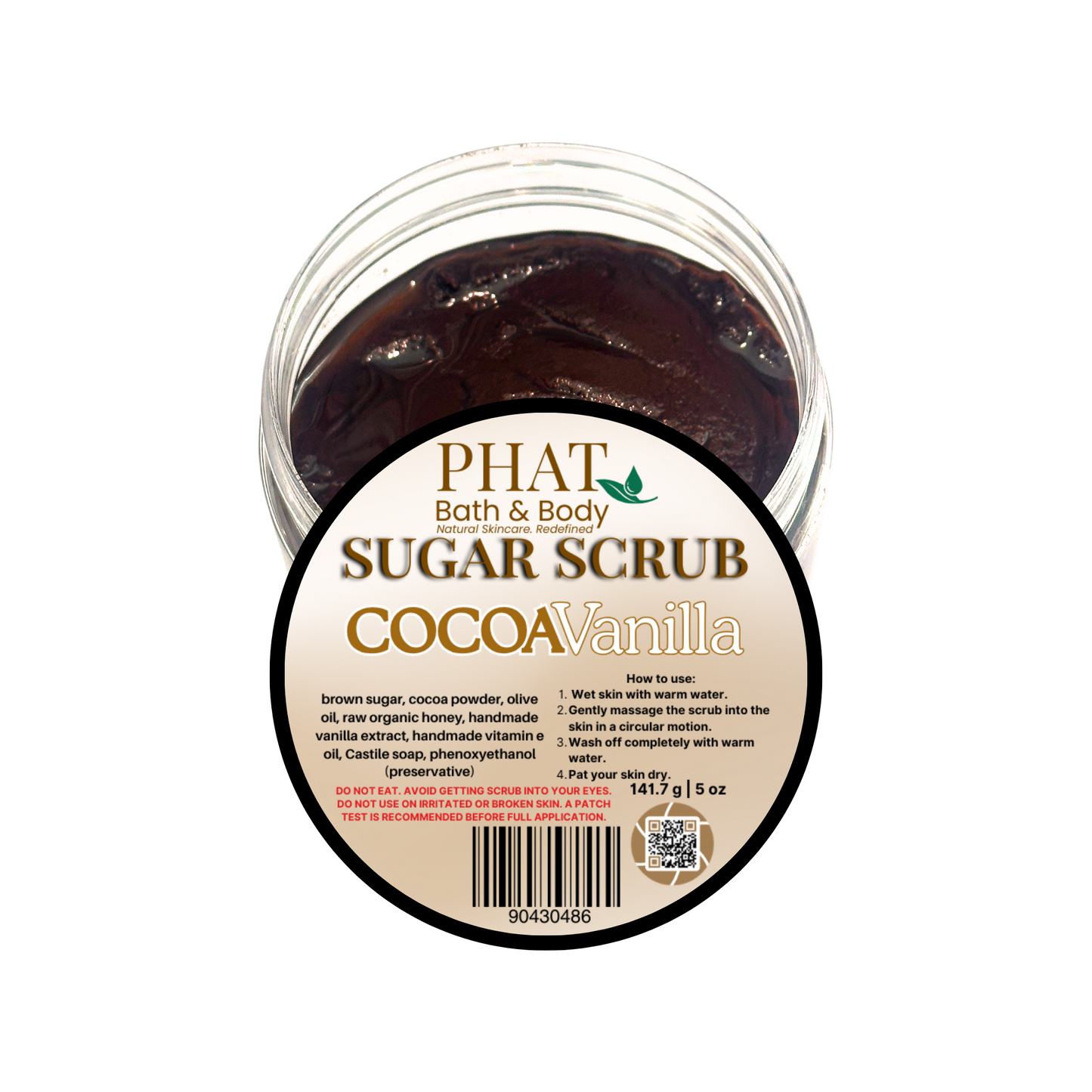 Cocoa Vanilla sugar scrub in a clear container with a label on a white background