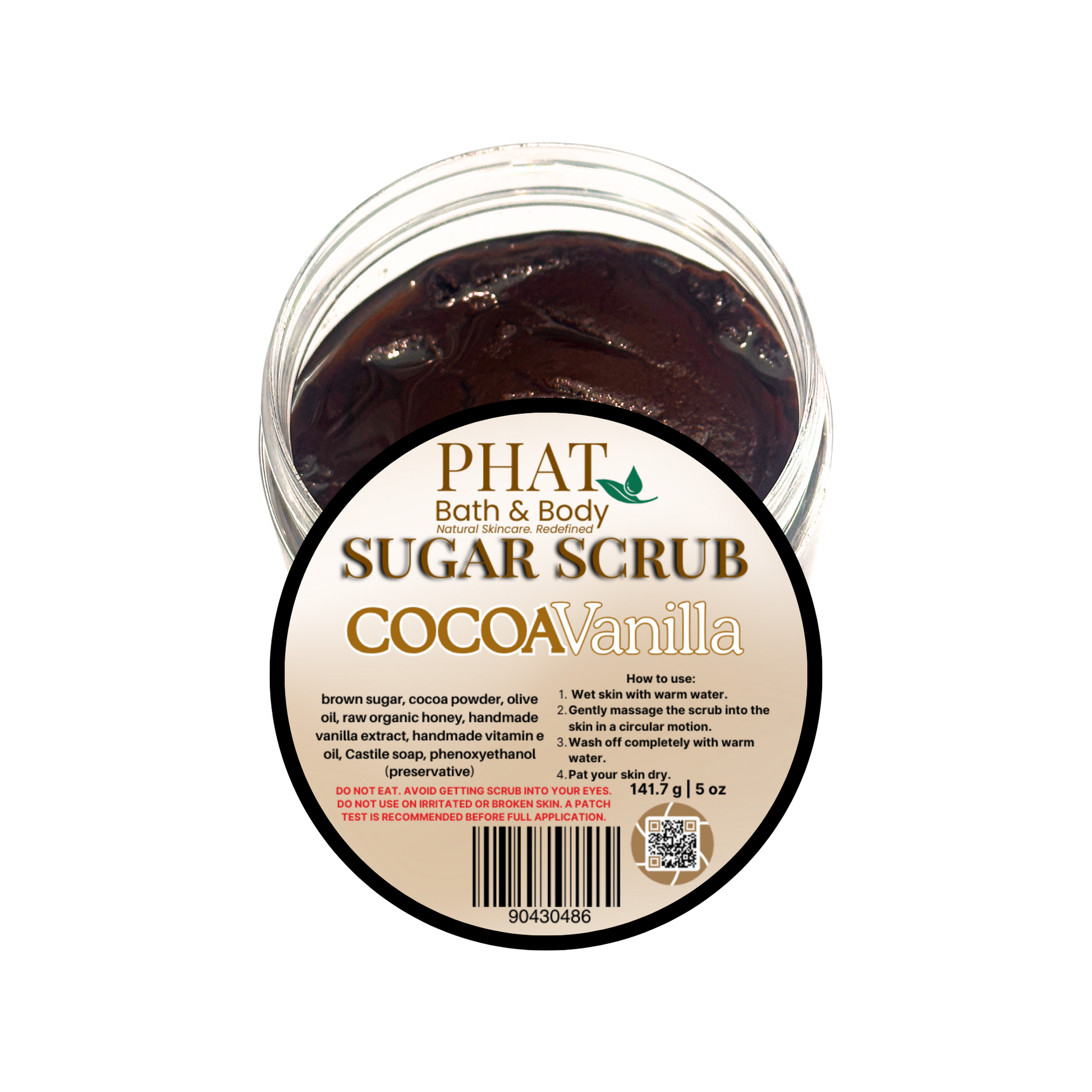 Cocoa Vanilla sugar scrub in a clear container with a label on a white background