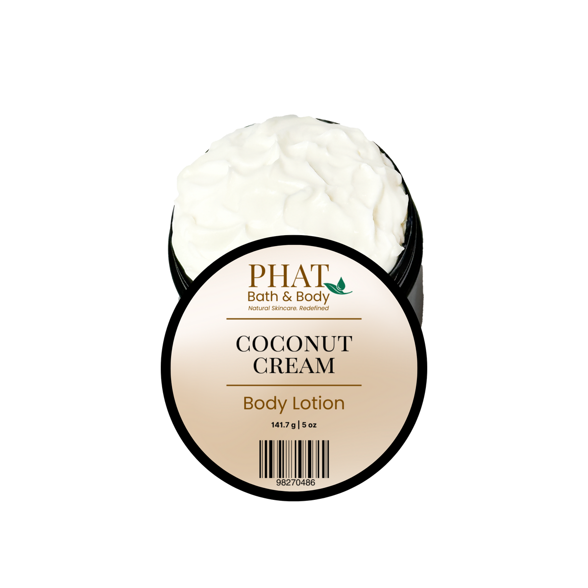 Phat Bath & Body Coconut Cream 5 oz Body Lotion in an open black jar with labeled lid and rich white moisturizing lotion.