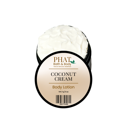 Phat Bath & Body Coconut Cream 5 oz Body Lotion in an open black jar with labeled lid and rich white moisturizing lotion.