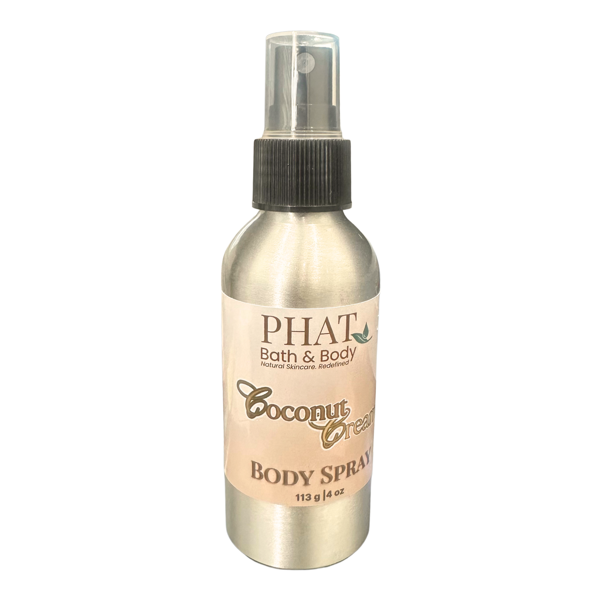 Body spray bottle labeled 'PHAT Bath & Body Coconut Cream' on a white background