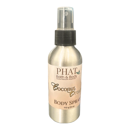 Body spray bottle labeled 'PHAT Bath & Body Coconut Cream' on a white background