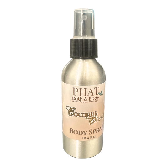 Body spray bottle labeled 'PHAT Bath & Body Coconut Cream' on a white background