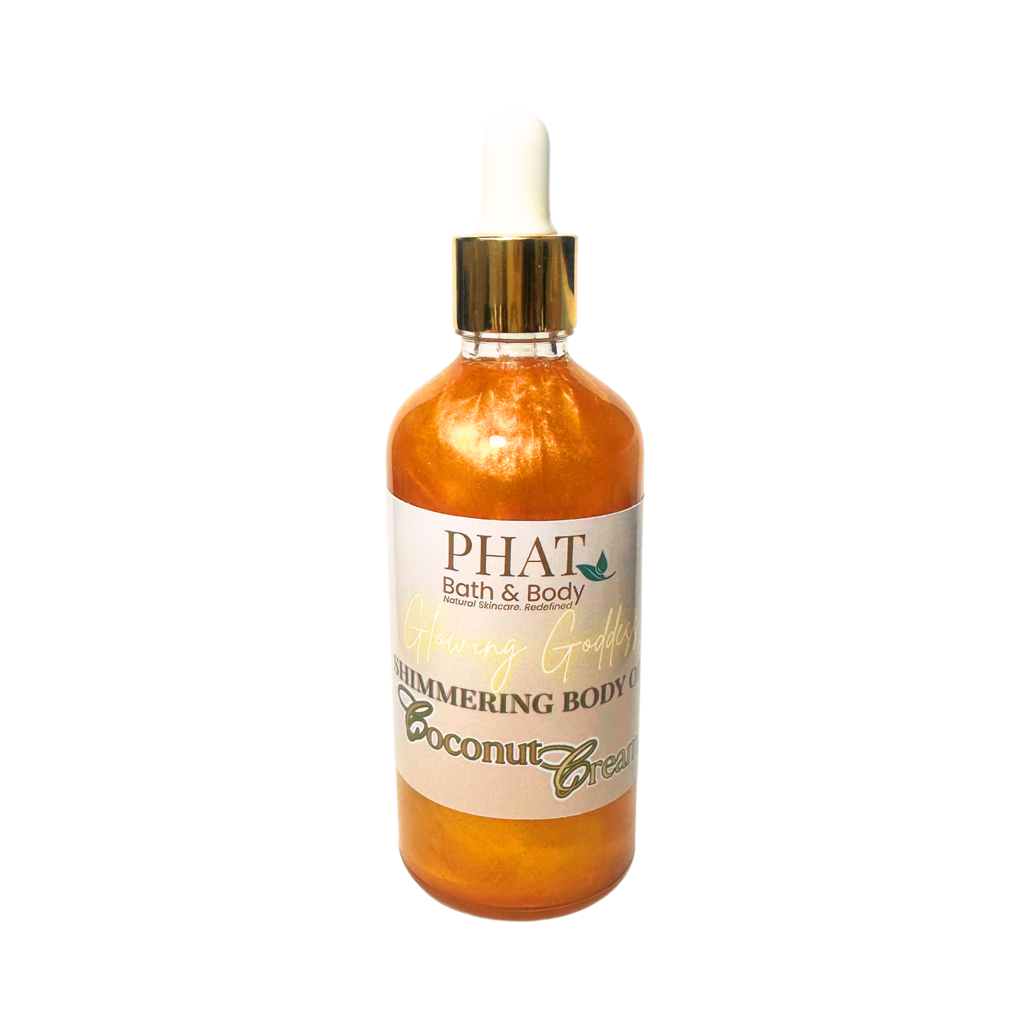 Bottle of 'PHAT Bath & Body' shimmering body oil on a white background