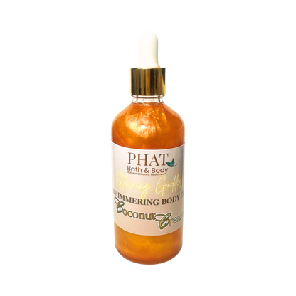 Bottle of 'PHAT Bath & Body' shimmering body oil on a white background