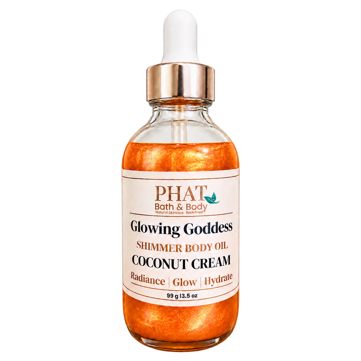 Phat Bath & Body Glowing Goddess Shimmer Body Oil in Coconut Cream, 3.5 oz glass dropper bottle with radiant orange-gold shimmer.