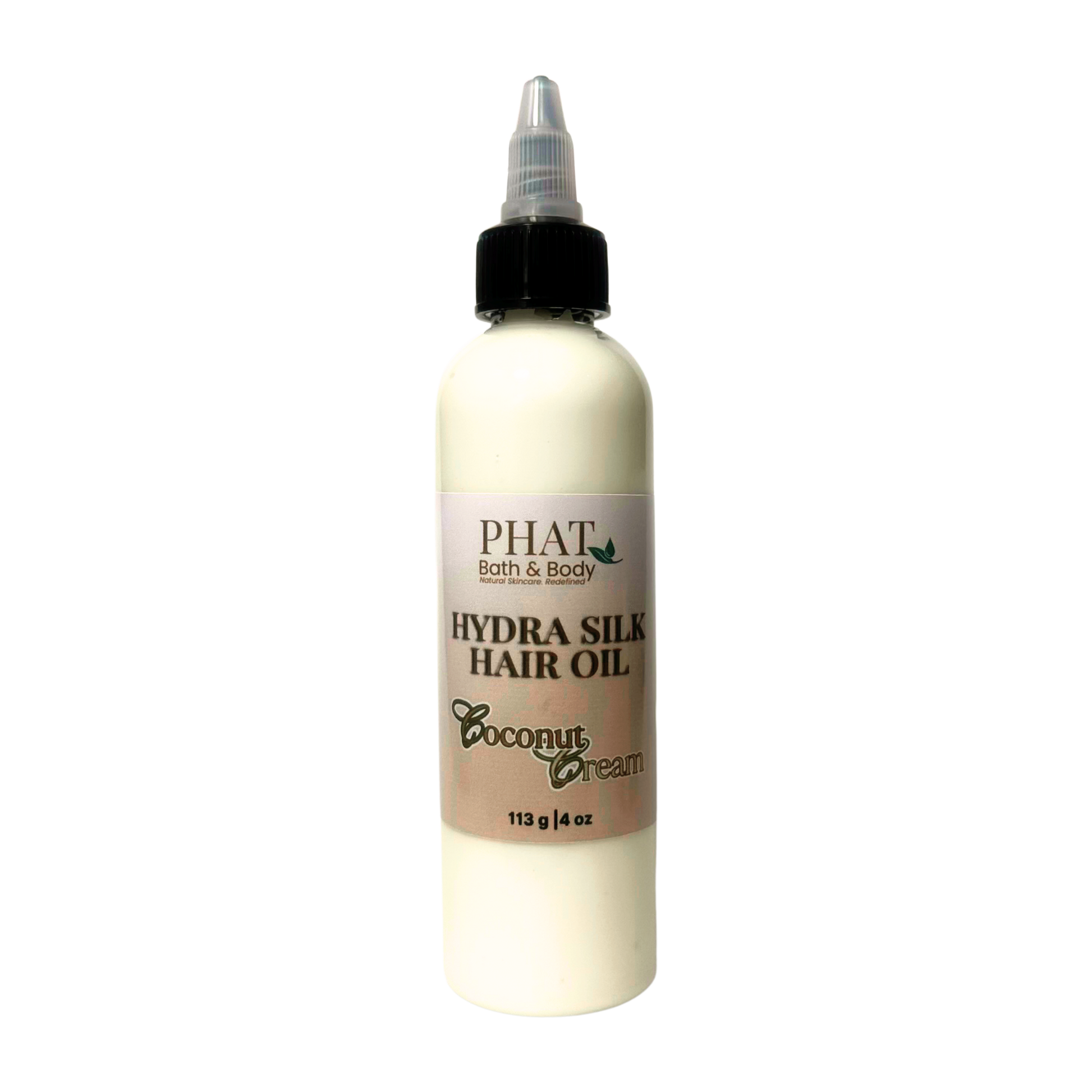 Bottle of Phat Bath & Body Hydra Silk Hair Oil in Coconut Cream flavor on a white background
