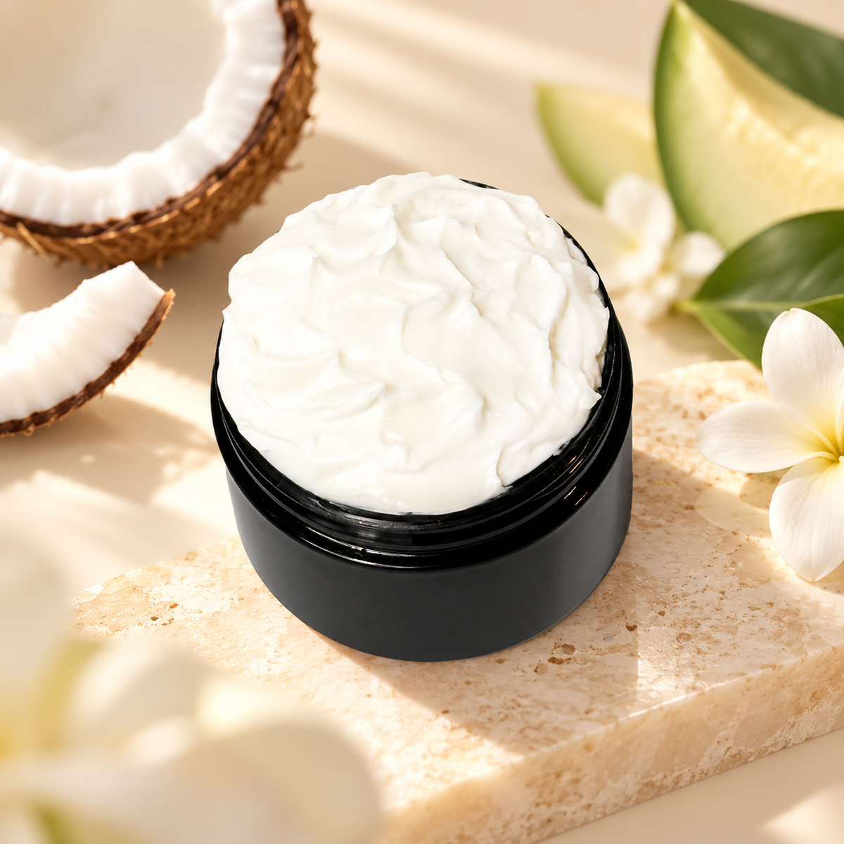 Open jar of Phat Bath & Body Coconut Cream Body Lotion displayed with fresh coconut, tropical white flowers, green foliage, and light natural stone.