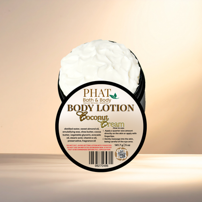 Body lotion container labeled 'Coconut Cream' by 'PHAT Bath & Body' on a gradient background