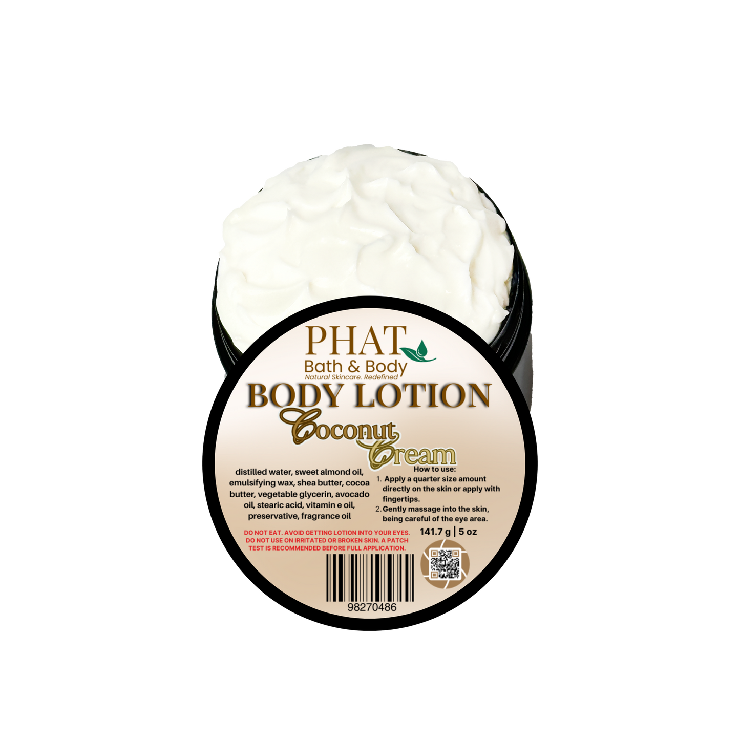 Body lotion container labeled 'Coconut Cream' by Phat Bath & Body on a white background