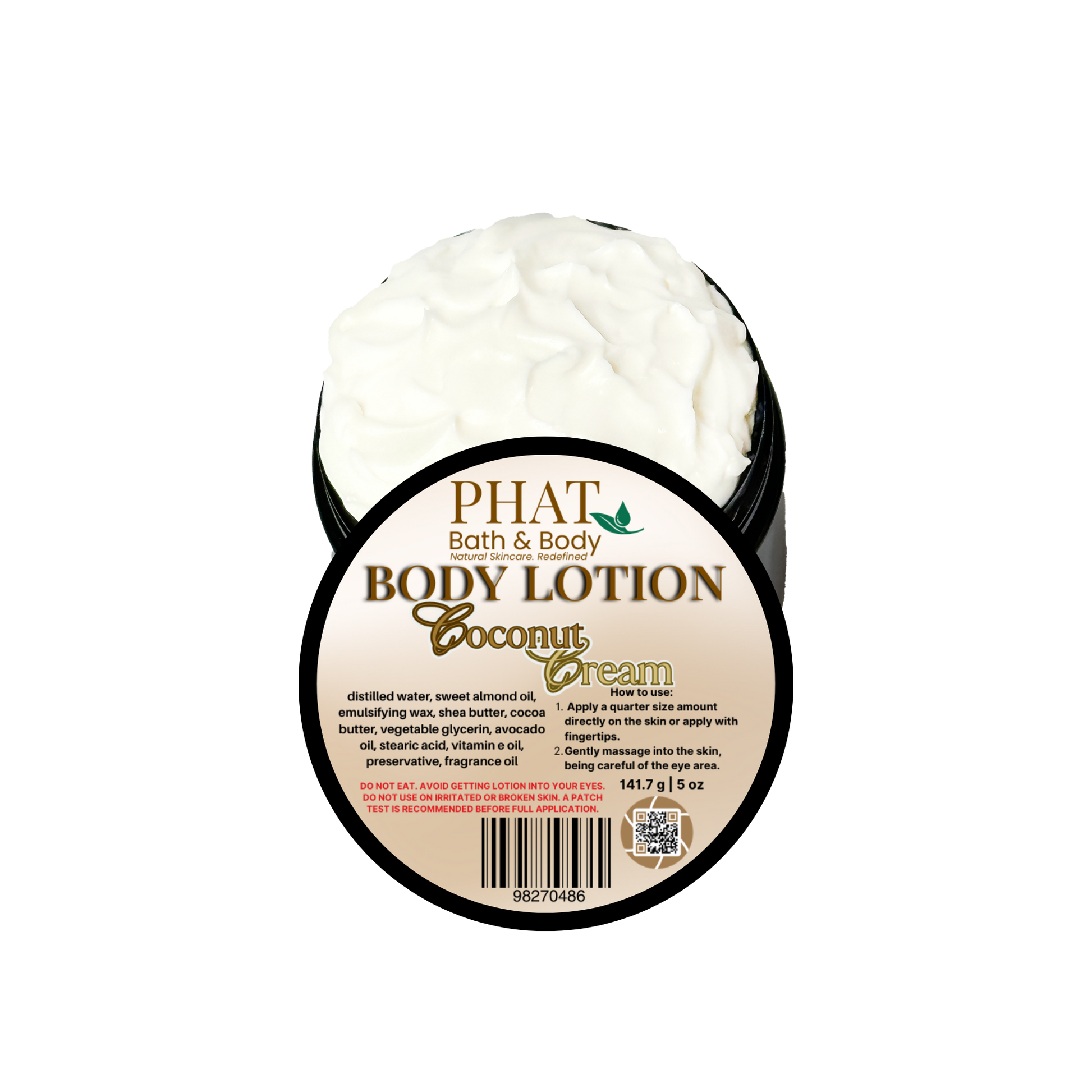 Body lotion container labeled 'Coconut Cream' by Phat Bath & Body on a white background