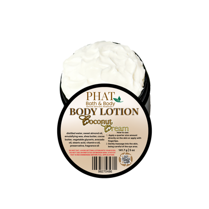 Body lotion container labeled 'Coconut Cream' by Phat Bath & Body on a white background