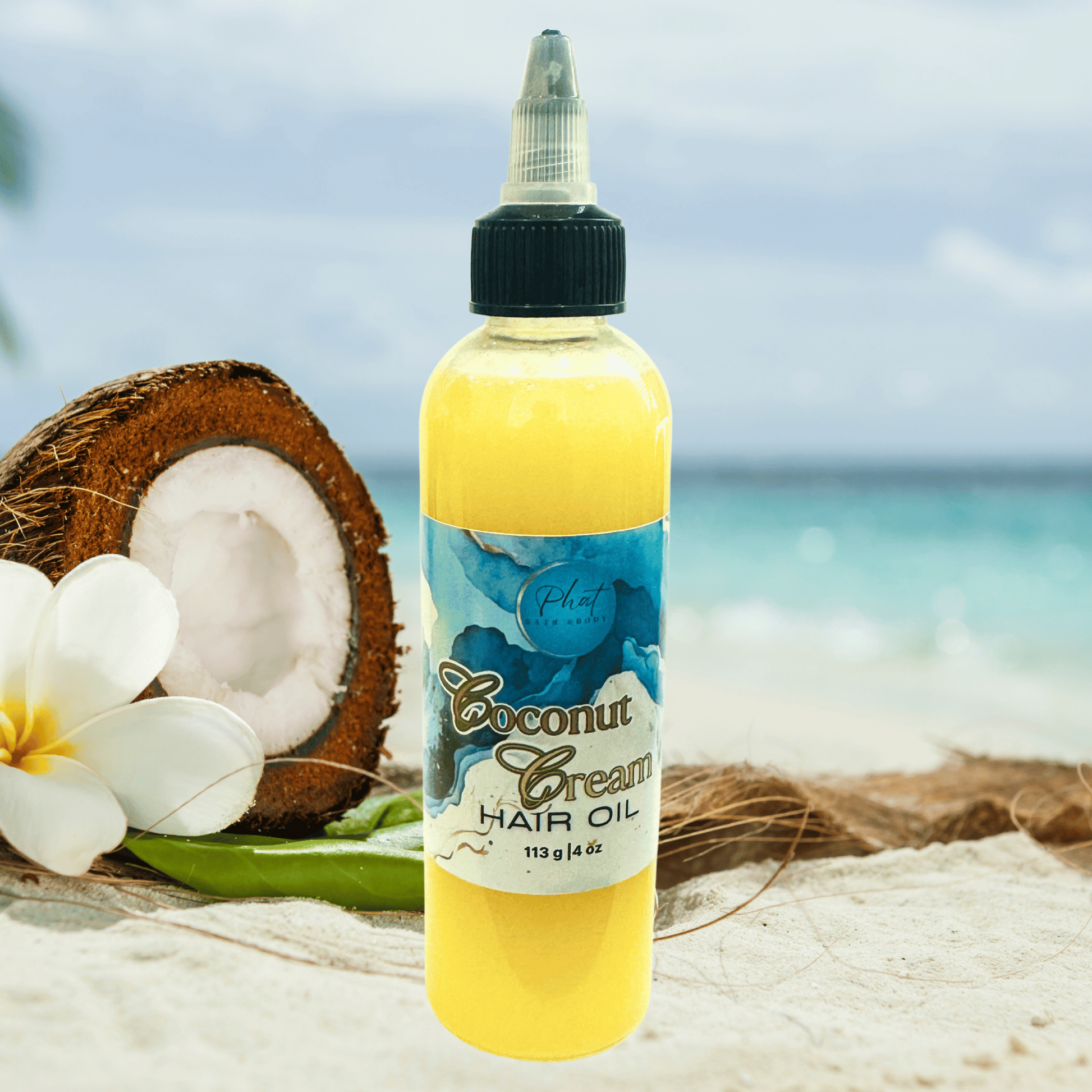 Coconut cream hair oil bottle with a coconut and flower on a beach background