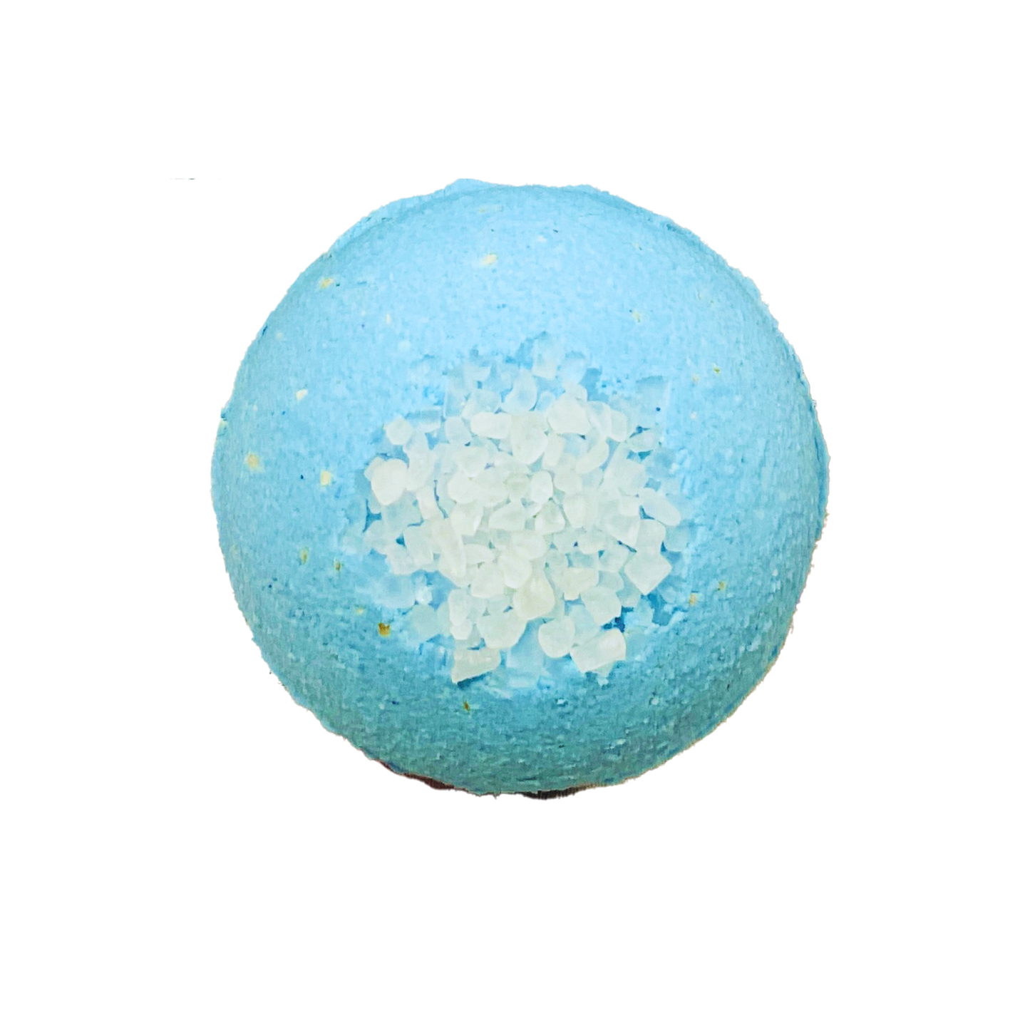 Blue bath bomb with white salt on a white background