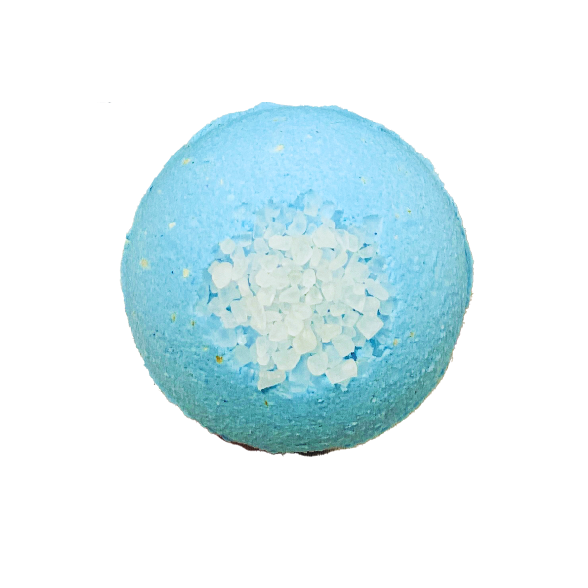 Blue bath bomb with white salt on a white background