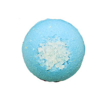 Blue bath bomb with white salt on a white background
