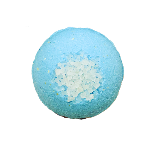 Blue bath bomb with white salt on a white background