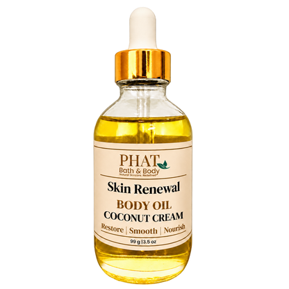 Phat Bath & Body Coconut Cream Skin Renewal Body Oil, 3.5 oz golden body oil in a clear glass dropper bottle with a gold cap and cream label.